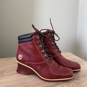 Timberland Women's Square Toe Lace-Up Wedge Boots 19348 Red Leather Size 6.5